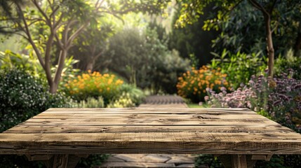 Wooden table with empty space in garden for product display and montage.