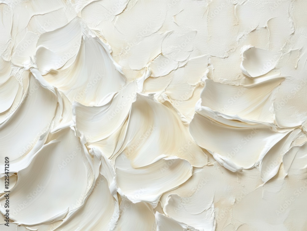 Poster dynamic white and ivory brushstrokes flowing across canvas, creating ethereal abstract patterns with