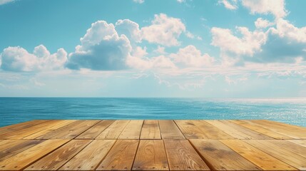 Fototapeta premium Wooden table with sea and sky background for product display