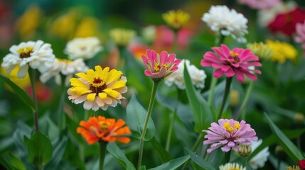 Zinnia flowers in white, yellow, and pink shades with green leaf blur