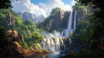 Fototapeta premium Waterfall cascade in lush forest with mountains in background for nature scenes