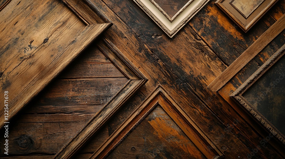 Aufkleber empty wooden picture frames lying on rustic wooden background