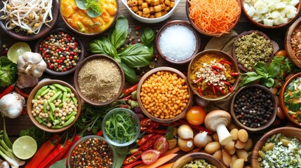 A variety of foods displaying diverse flavors and cuisines.