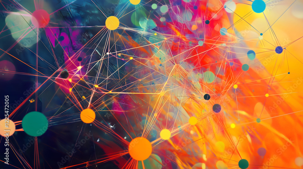 Poster artistic representation of interconnected nodes illustrating complex relationships in vibrant colors