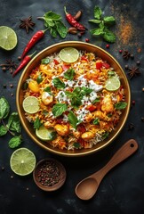 Colorful Chicken Biryani with Fresh Herbs and Lime Slices