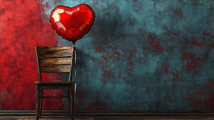 A heart-shaped balloon tied to a wooden chair