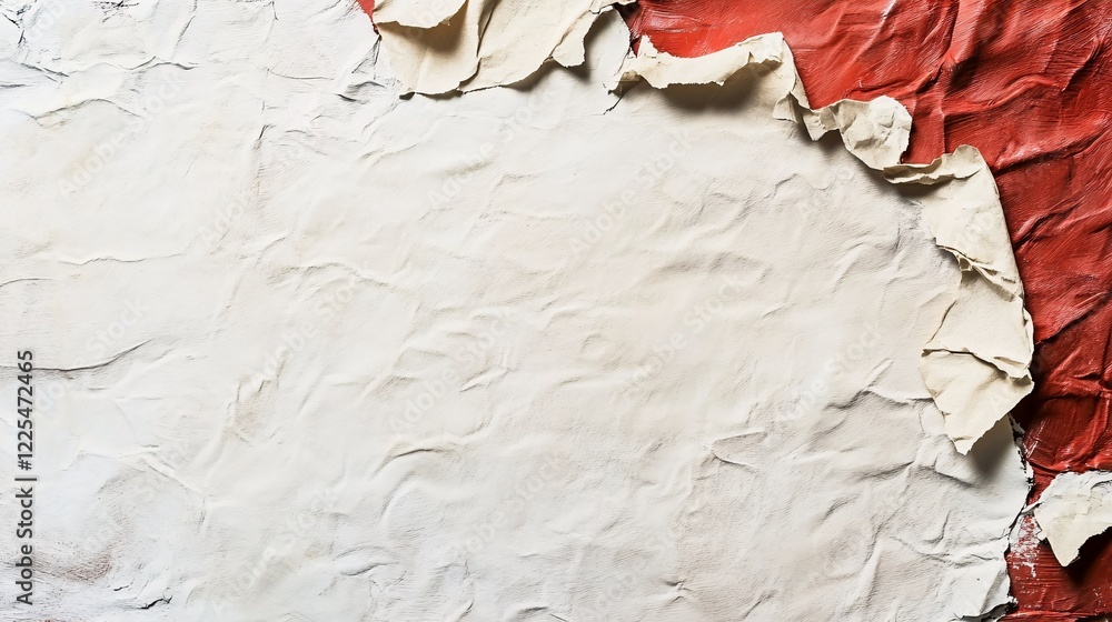 Poster beige and red crumpled glued paper creating a textured abstract background