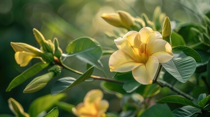 Obraz premium Allamanda blanchetii flower and buds in morning sunlight, surrounded by green leaves