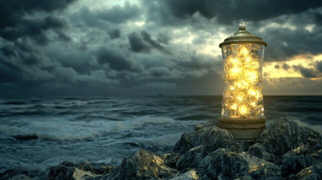 Luminous Glass Vessel on Stormy Coast Rocks