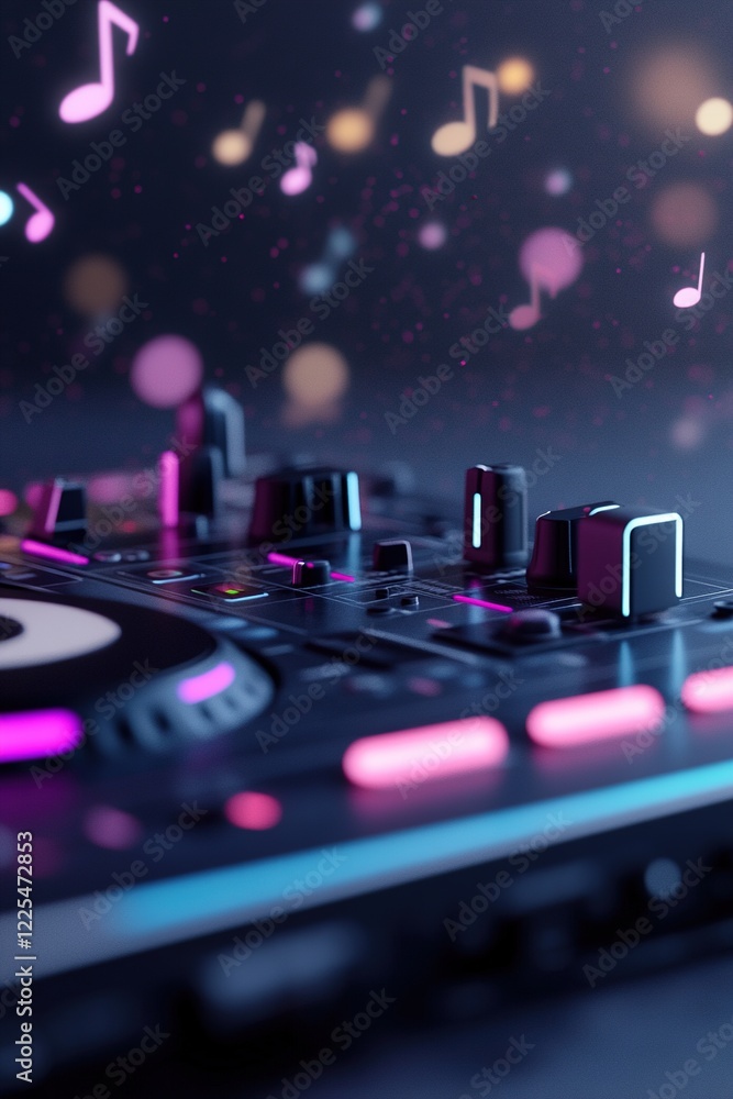 Poster a dj booth illuminated with striking blue neon edges showcases an array of controls, enhancing the v