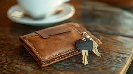 Stylish Brown Leather Wallet with Keys on Wooden Table