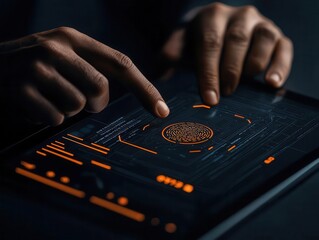 Hands interacting with biometric authentication tools for identity verification compliance