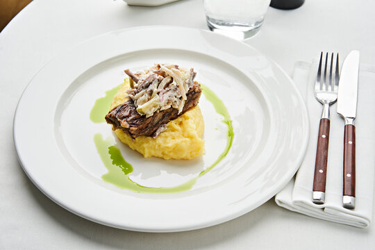 Beef Osso Buco with Mashed Potatoes. Perfectly plated for a fine dining experience