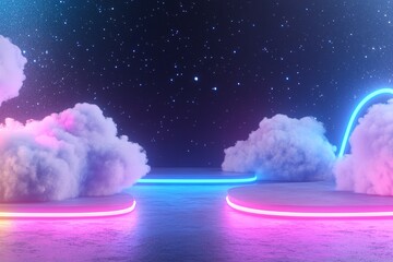 Fototapeta premium Lively dance floor illuminated by neon colors creates a cosmic atmosphere. Cloud-like structures enhance the fun, inviting attendees to dance the night away