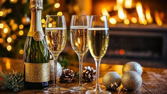 Champagne glasses alongside festive baubles, warm fireplace backdrop. Elegant celebration sparkles indoors by the fire. Holiday ambiance enriches toast moment. Warmth, glow fill the room, enhancing