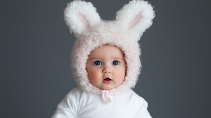 Fototapeta premium Adorable Bunny Baby: A precious baby girl with big, curious eyes wears an enchanting pink bunny hat, her expression a captivating blend of wonder and innocence. 