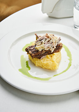 Beef Osso Buco with Mashed Potatoes. Perfectly plated for a fine dining experience