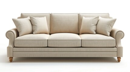 Beige fabric sofa with three seats on a white background