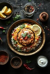Colorful Indian Biryani Dish with Side Ingredients on Dark Table