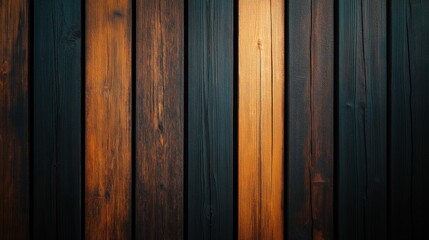 Dark rustic wooden wall with vertical planks and warm light reflections