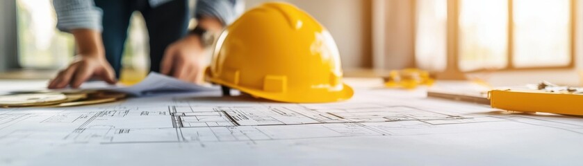 A construction worker examines blueprints on a table, accompanied by a yellow hard hat, symbolizing safety and project planning.