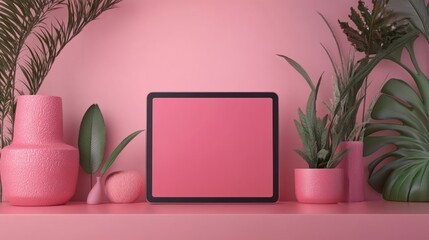 Pink Tablet Displayed Among Pink Plants and Vases