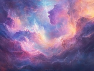 Fototapeta premium ethereal swirling pastel clouds with iridescent oil paint texture, dreamy abstract background with gentle color transitions, luminous highlights and delicate brushstrokes