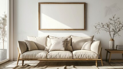 Blank wooden picture frame and midcentury linen sofa in elegant Scandinavian interior setting.