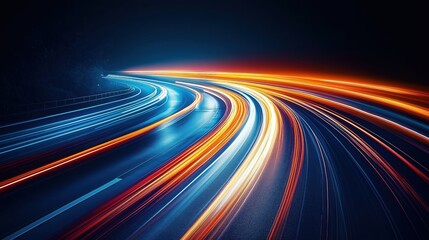 Dynamic long exposure of colorful light trails on curved highway at night
