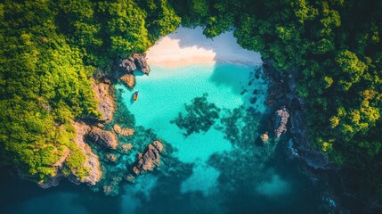 An aerial view of a remote tropical island with powdery white sand beaches surrounded by vibrant coral reefs, turquoise waters reflecting the bright sun, small boats drifting near the shore