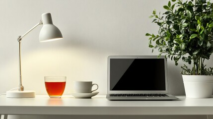 Cozy Workspace with Laptop, Tea, and Greenery