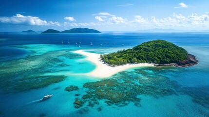An aerial view of a remote tropical island with powdery white sand beaches surrounded by vibrant coral reefs, turquoise waters reflecting the bright sun, small boats drifting near the shore