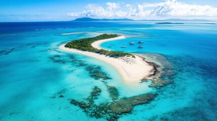 An aerial view of a remote tropical island with powdery white sand beaches surrounded by vibrant coral reefs, turquoise waters reflecting the bright sun, small boats drifting near the shore