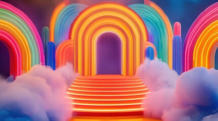 Obraz premium Vibrant Rainbow Archway Stage with Cloudy Base