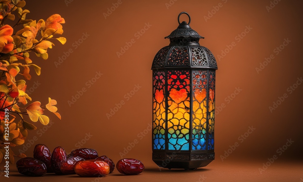 Poster colorful lantern with pattern and dates on table against brown background