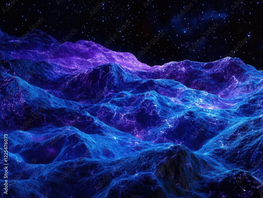 Poster flowing ribbons of electric blue and purple light interweave through a cosmic void, creating dynamic