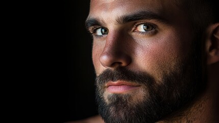 Obraz premium Dramatic low-key portrait with striking rim light, emphasizing subject's features, rich detail and creative expression through controlled lighting.