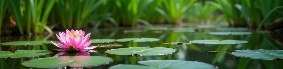 Water lilies on the surface of the boggy pond with dense sedge in the background, pond, nature