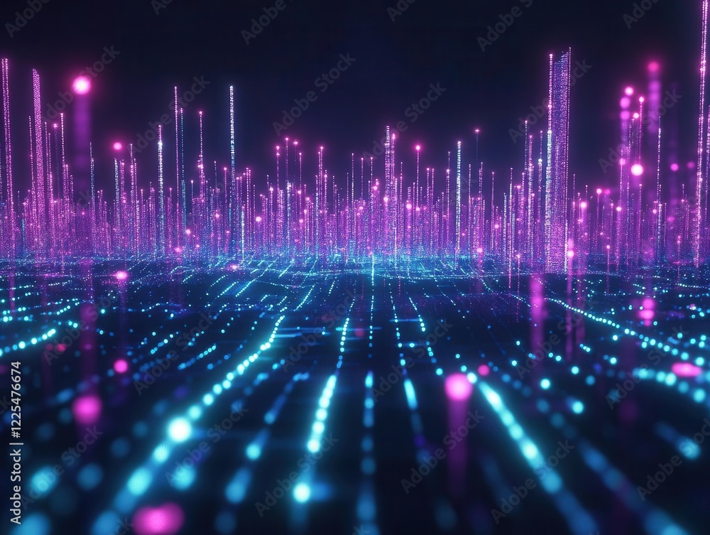 Aufkleber futuristic holographic visualization of supply chain network, glowing 3d interconnected nodes floati