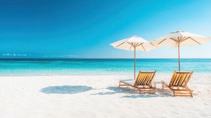 Obraz premium A serene beach scene with two deck chairs under umbrellas, clear blue skies, and turquoise waters, inviting relaxation and tranquility.