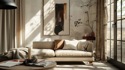 Chic studio apartment with cozy beige couch
