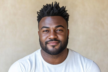Obraz premium Professional studio portrait of a confident Black man in a white t-shirt with a modern hairstyle and groomed beard, ideal for fashion, lifestyle, and personal branding projects