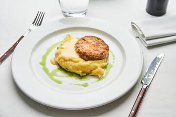A beautifully plated dish with Turkey cutlets with mashed potatoes