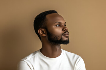 Fototapeta premium Portrait of a handsome Black man in a white t-shirt, exuding confidence and modern style, ideal for lifestyle, fashion, and personal branding purposes