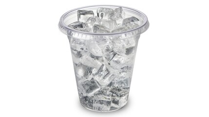 Clear plastic cup filled with ice isolated on white background for making cocktails. Template for cold drinks to go.