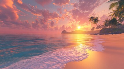 A serene beach at sunset, soft golden sands stretching to the horizon, vibrant coral reefs beneath crystal-clear waters, gentle waves lapping against the shore, and a pinkish-orange sky with clouds