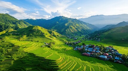 Fototapeta premium A stunning aerial view of lush green rice terraces and a small village nestled among rolling hills and mountains under a bright blue sky.