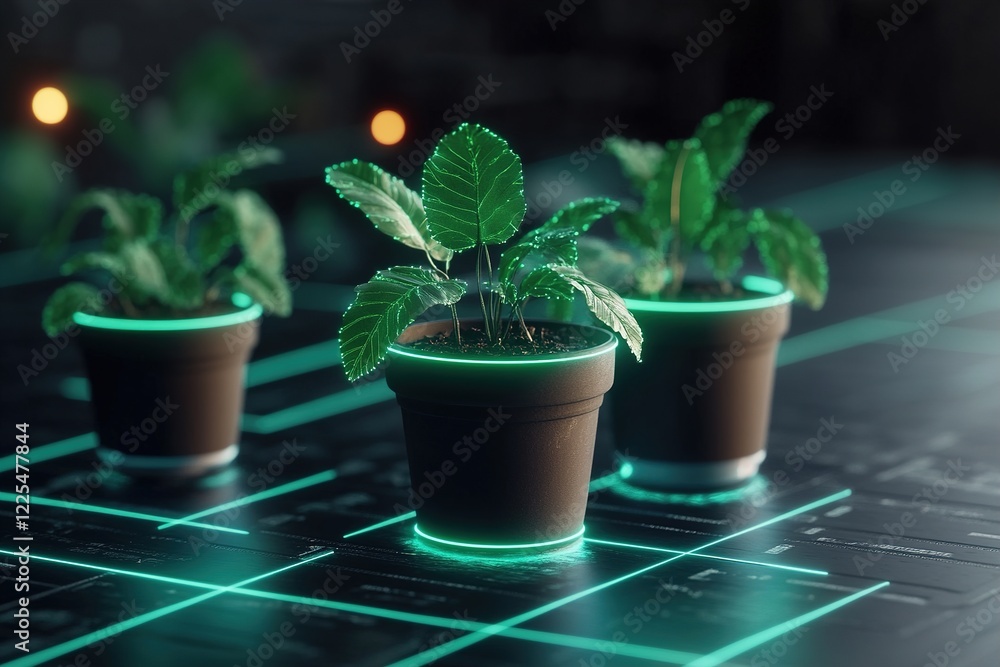 Poster several potted plants emit a gentle glow while arranged in a grid pattern. the setting is dimly lit,