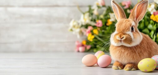 pet photography holiday themes. Foreground and Background A bunny in the foreground with pastel Easter eggs scattered around, blurred spring flowers in the background