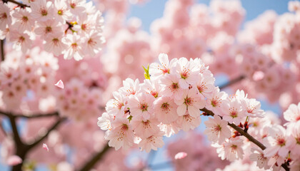 Cherry blossoms showering petals in urban park at noon, Spring beauty
